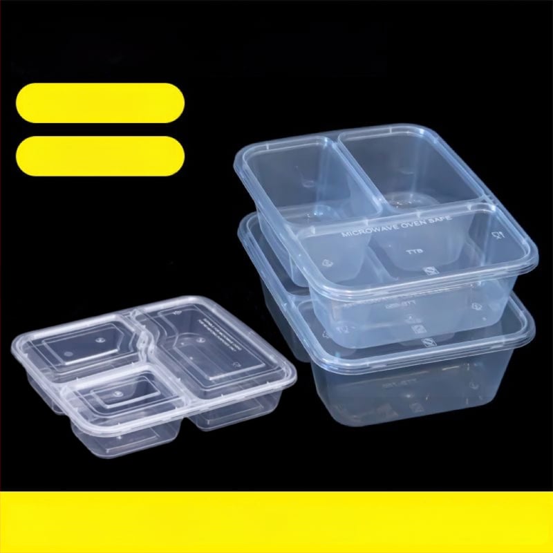 Cutie de unică folosință pentru takeaway cu trei compartimente, material PP, compatibilă cu cuptorul cu microunde, personalizabilă cu imprimare a logo-ului