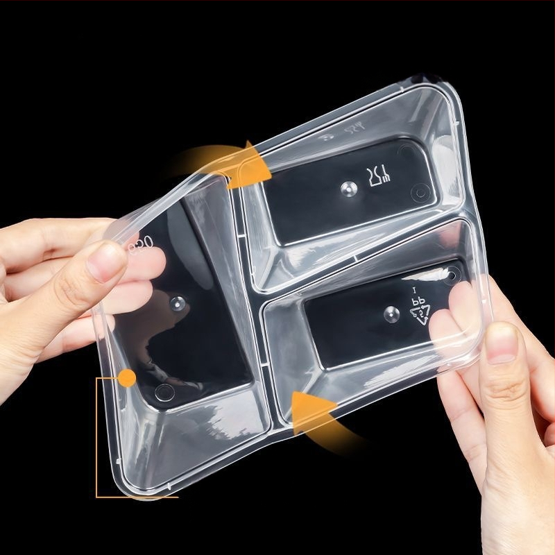 Cutie de unică folosință pentru takeaway cu trei compartimente, material PP, compatibilă cu cuptorul cu microunde, personalizabilă cu imprimare a logo-ului