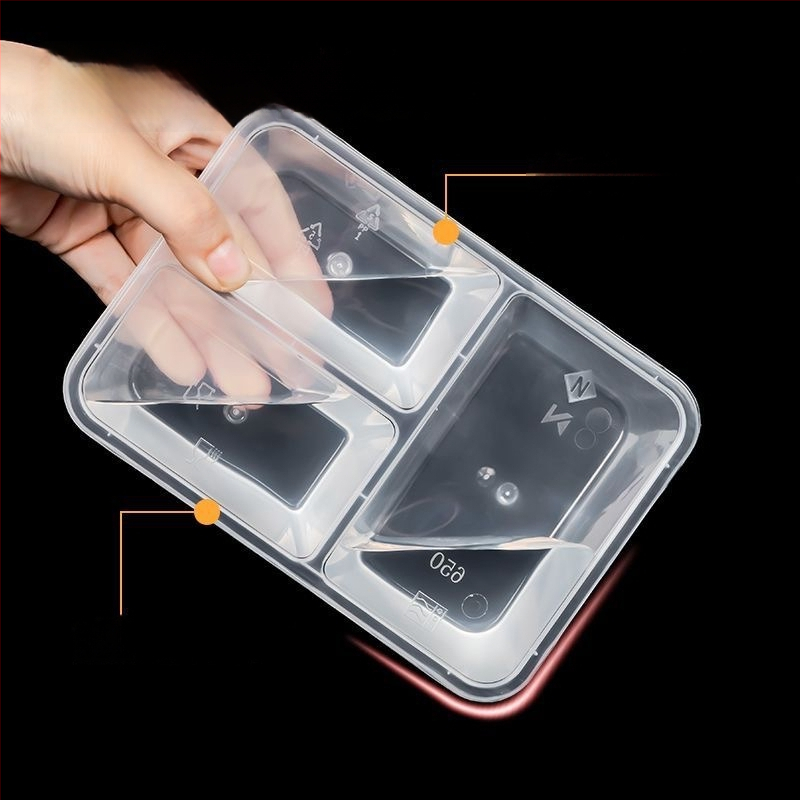 Cutie de unică folosință pentru takeaway cu trei compartimente, material PP, compatibilă cu cuptorul cu microunde, personalizabilă cu imprimare a logo-ului