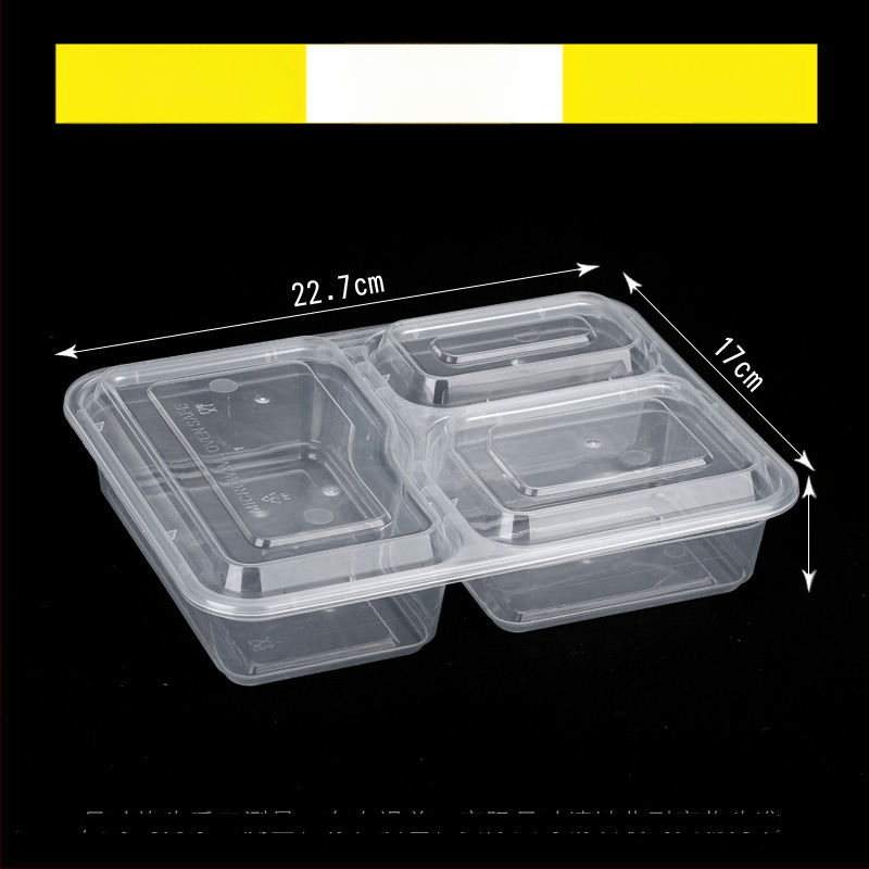 Cutie de unică folosință pentru takeaway cu trei compartimente, material PP, compatibilă cu cuptorul cu microunde, personalizabilă cu imprimare a logo-ului