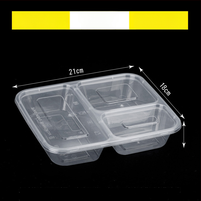 Cutie de unică folosință pentru takeaway cu trei compartimente, material PP, compatibilă cu cuptorul cu microunde, personalizabilă cu imprimare a logo-ului