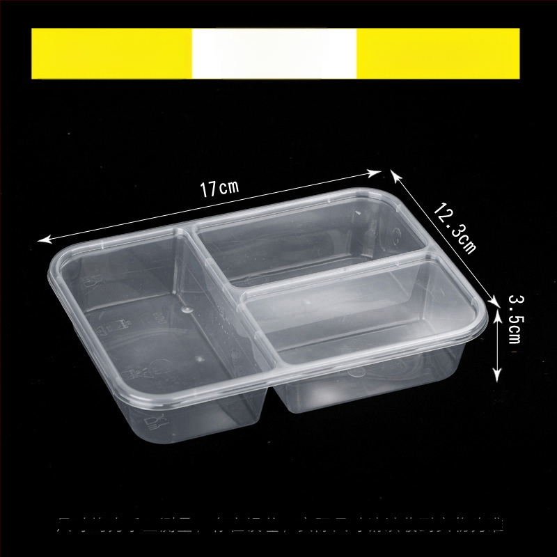 Cutie de unică folosință pentru takeaway cu trei compartimente, material PP, compatibilă cu cuptorul cu microunde, personalizabilă cu imprimare a logo-ului