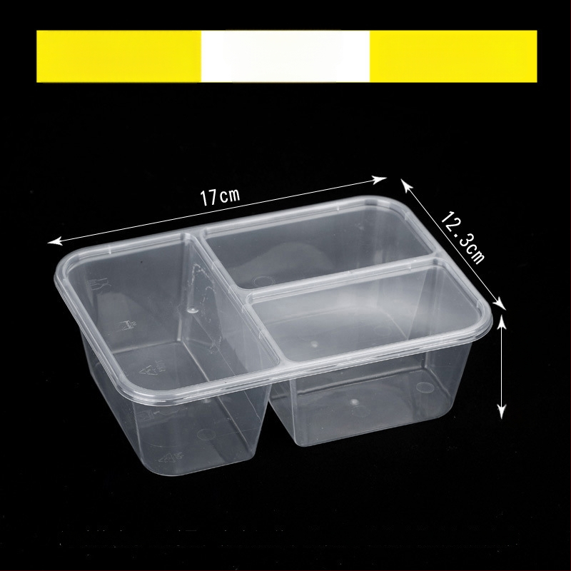 Cutie de unică folosință pentru takeaway cu trei compartimente, material PP, compatibilă cu cuptorul cu microunde, personalizabilă cu imprimare a logo-ului