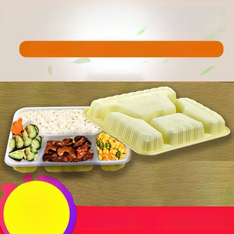 Cutie de prânz de unică folosință, din plastic, compartimentată, dreptunghiulară, cu capac pentru luat la pachet