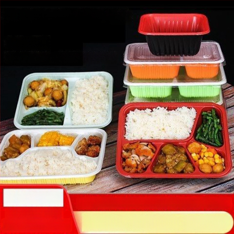 Cutie de prânz de unică folosință, din plastic, compartimentată, dreptunghiulară, cu capac pentru luat la pachet