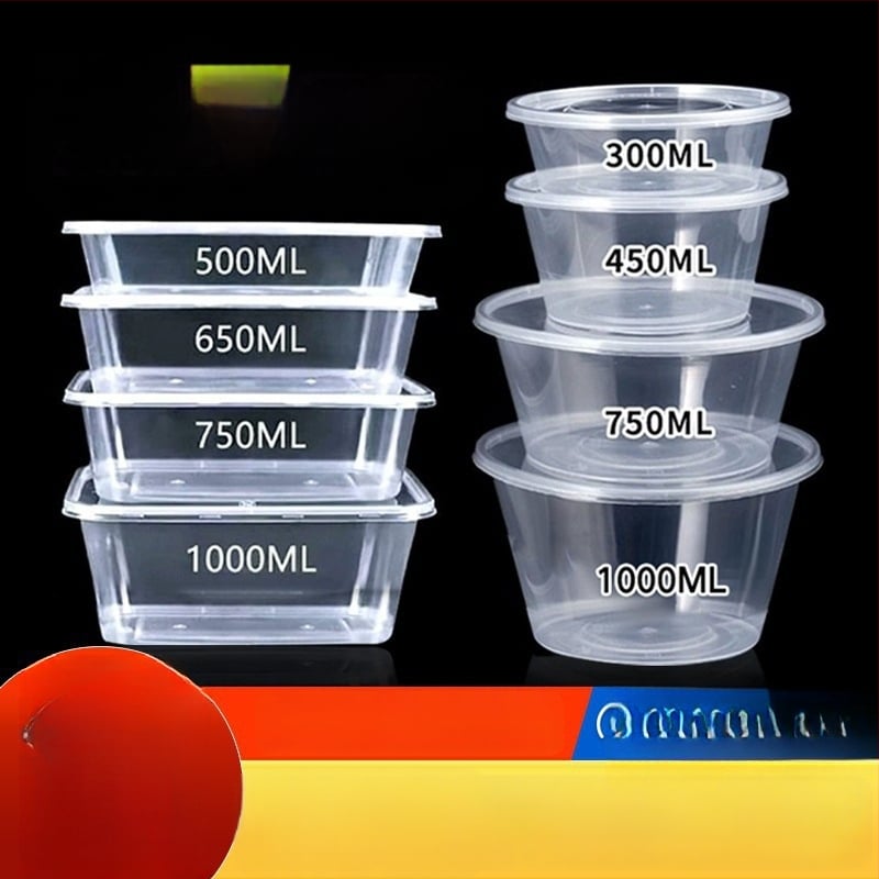 Cutie de prânz din plastic, de unică folosință, cu capac, cu container dreptunghiular și bol rotund pentru take-away