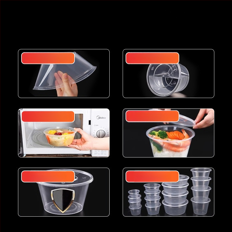 Cutie de prânz din plastic, de unică folosință, cu capac, cu container dreptunghiular și bol rotund pentru take-away