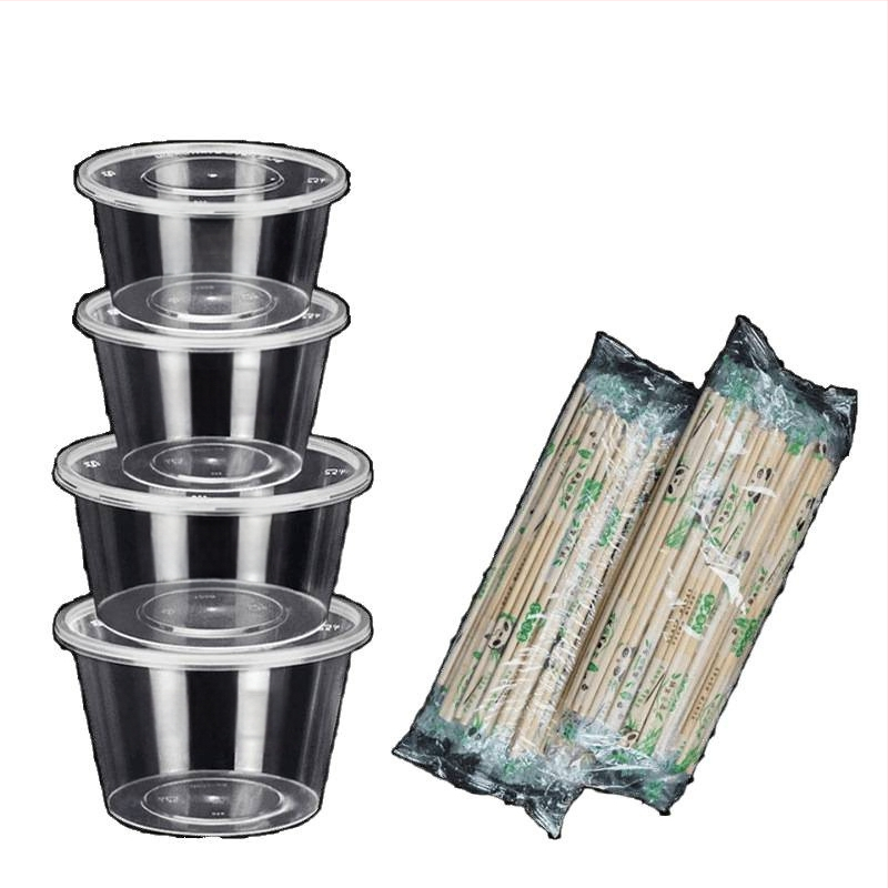 Cutie de prânz din plastic, de unică folosință, cu capac, cu container dreptunghiular și bol rotund pentru take-away