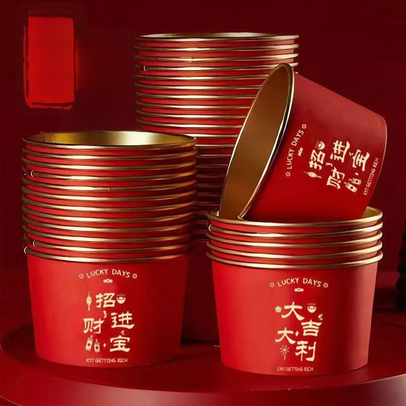 Ühekordne paberkopp kuldfooliumiga pere-söögi jaoks kevadise festivali jaoks; materjal: paber + PE kile; säilivusaeg: 12 kuud; kategooria: ühekordne kauss