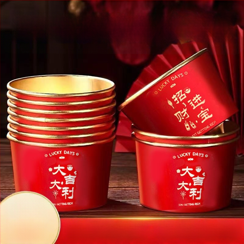 Ühekordne paberkopp kuldfooliumiga pere-söögi jaoks kevadise festivali jaoks; materjal: paber + PE kile; säilivusaeg: 12 kuud; kategooria: ühekordne kauss