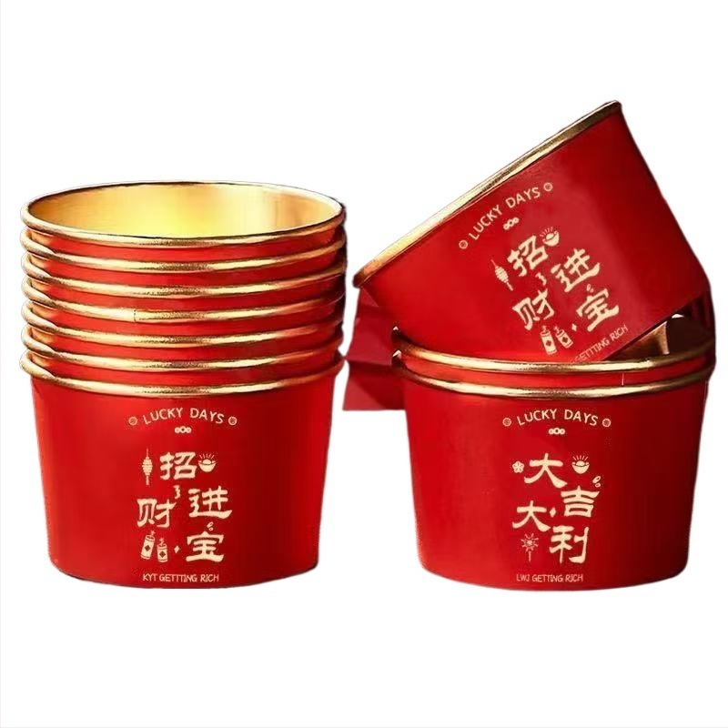 Ühekordne paberkopp kuldfooliumiga pere-söögi jaoks kevadise festivali jaoks; materjal: paber + PE kile; säilivusaeg: 12 kuud; kategooria: ühekordne kauss