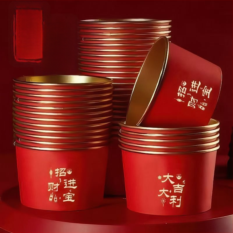 Ühekordne paberkopp kuldfooliumiga pere-söögi jaoks kevadise festivali jaoks; materjal: paber + PE kile; säilivusaeg: 12 kuud; kategooria: ühekordne kauss