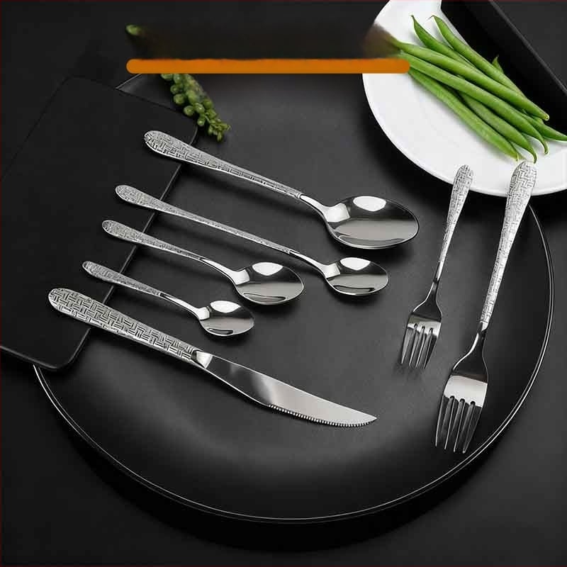 Tro-dijelni set pribora za steak: nož, vilica i žlica, od 201 nehrđajućeg čelika, drška s čekićastim uzorkom, retro stil, polirani sjaj