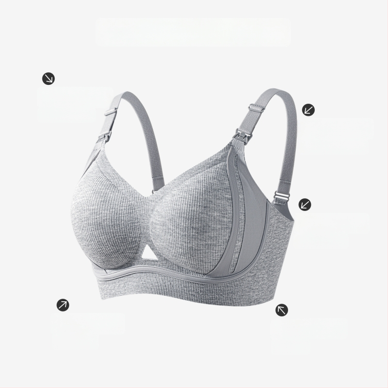Sutien de alăptare pentru maternitate, bretele fixe, cupe subțiri formate, finisaj lucios, închidere la spate cu patru rânduri de cârlige, material principal viscoză 90–95%