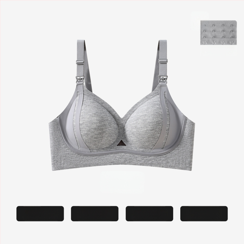Sutien de alăptare pentru maternitate, bretele fixe, cupe subțiri formate, finisaj lucios, închidere la spate cu patru rânduri de cârlige, material principal viscoză 90–95%