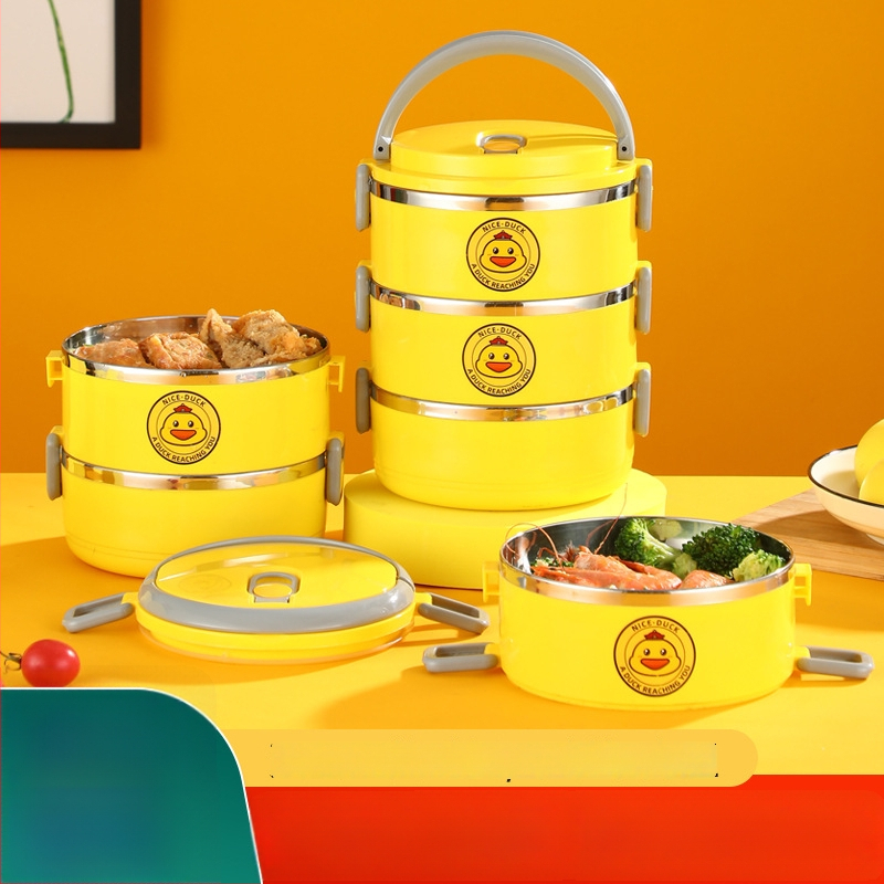 Термо кутия за обяд от неръждаема стомана, кръгла, трислойна, запазва топлината, капацитет 800–1000 ml, преносима, мил дизайн Little Yellow Duck