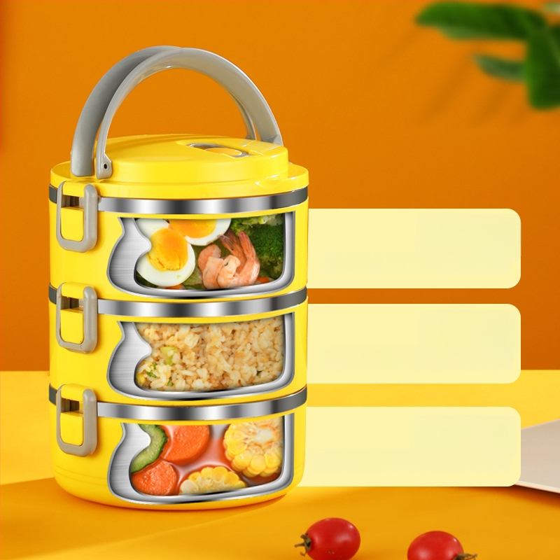 Термо кутия за обяд от неръждаема стомана, кръгла, трислойна, запазва топлината, капацитет 800–1000 ml, преносима, мил дизайн Little Yellow Duck
