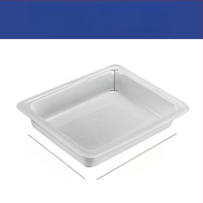 Portselani buffee soojendamise komplekt – ristkülikukujulised portsjonikausid ja apvalused keramist taldrikud hotellitoidulauale