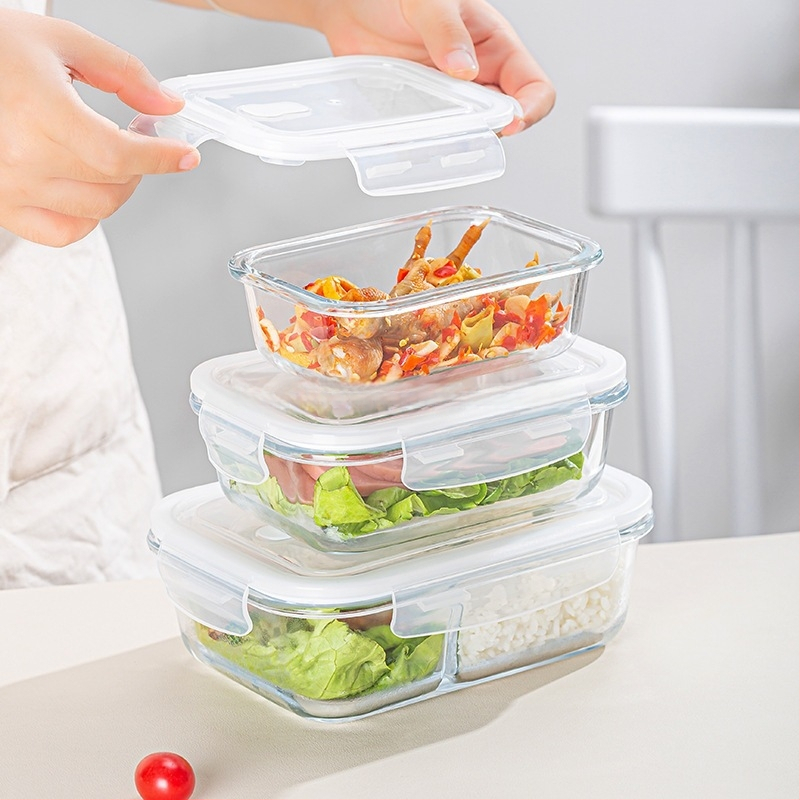 Стъклена кутия за обяд, правоъгълна, боросиликатно стъкло, микровълнова безопасна, 501-800 ml, запазва свежест