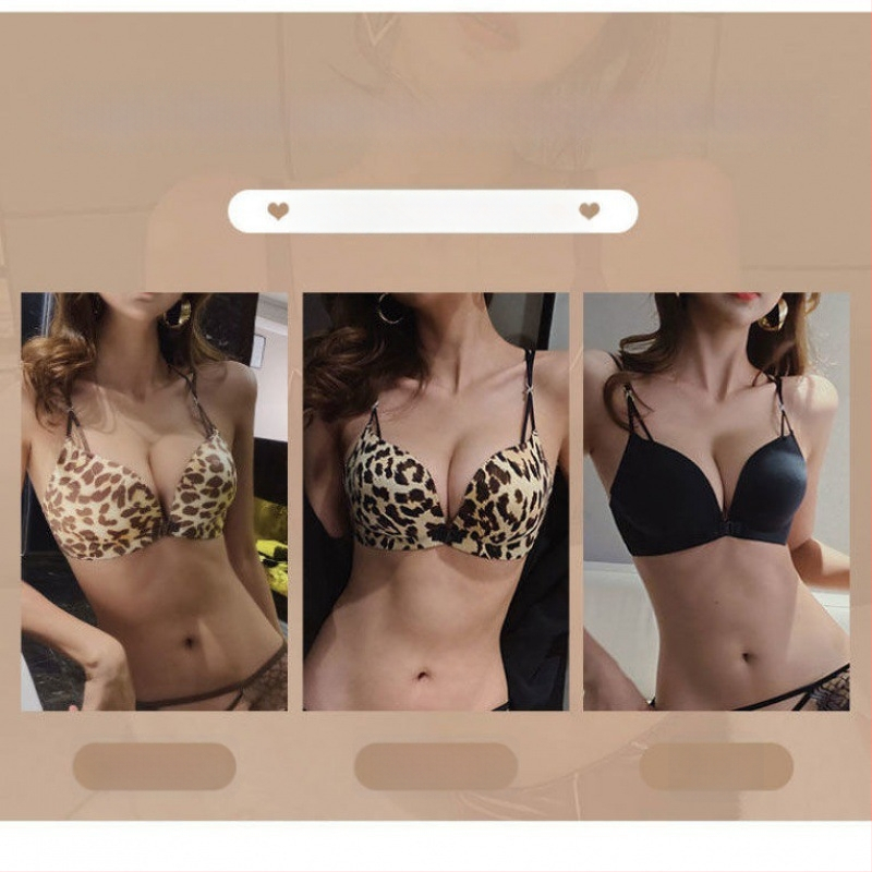 Leopardų rašto push-up liemenėlės komplektas iš nailono, 3/4 kaušelis, putų formos kaušai, priekinis užsegimas, fiksuoti dvigubi pečiai