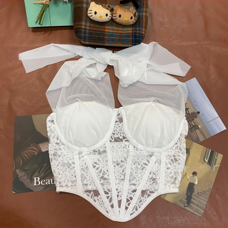 Čipkasti mrežasti halter top s koštima na prsima, seksi otvoreni leđa, elegantan top bez naramenica