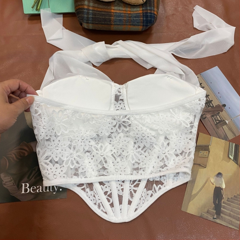Čipkasti mrežasti halter top s koštima na prsima, seksi otvoreni leđa, elegantan top bez naramenica