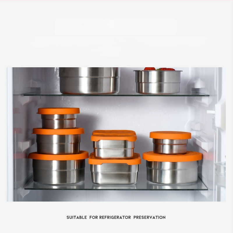 Кутия за съхранение на храна, 304 неръждаема стомана, силиконов мек капак, без електричество, квадратна или кръгла форма, капацитет 0.3–1.0 л