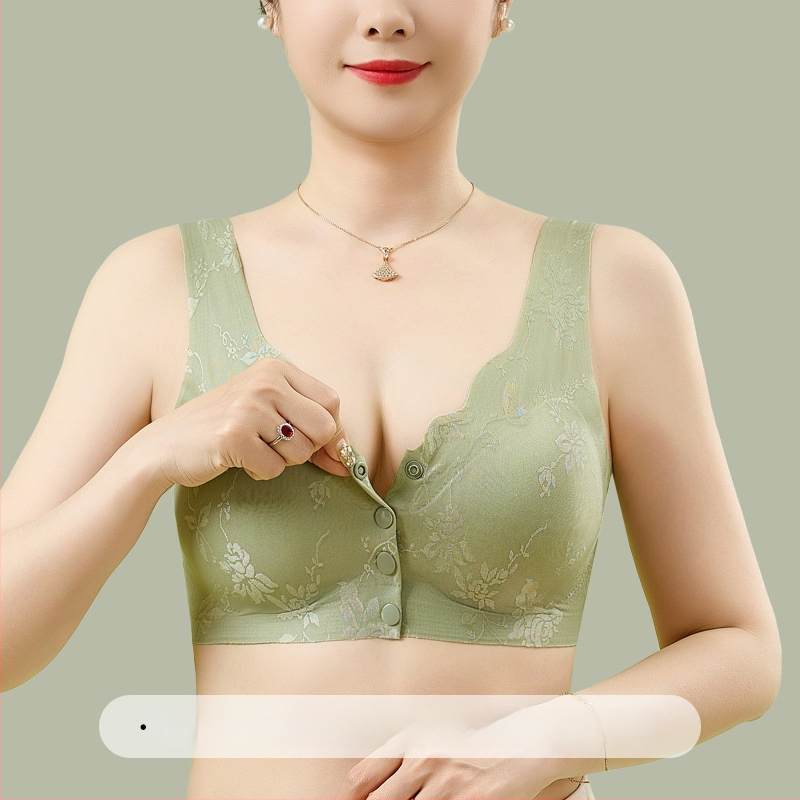 Krūštis vidutinio amžiaus moterims, liemenės tipo be siūlių, priekinis užsegimas, plonos formuojamos puodeliai, nailonas su spandeks pamušalu