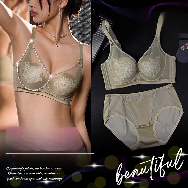 Сутиен сет с дантела, 3/4 чашка, тънки формовани чаши, фиксирани двойни презрамки, закопчаване с четири реда куки
