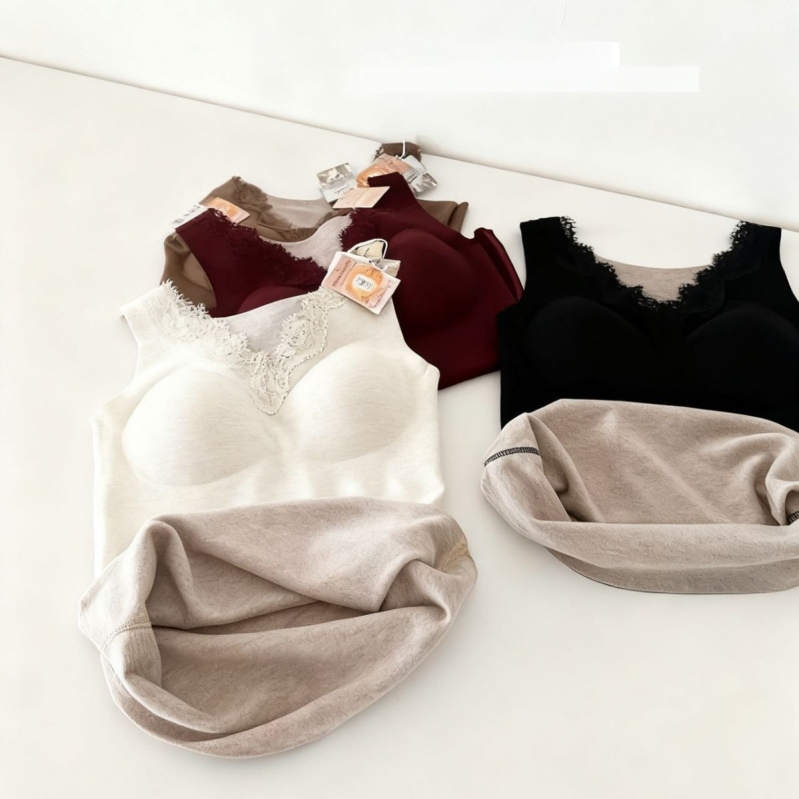 Terminė liemenė su V kaklu, nėriniai, be siūlių dizainas, krūties įdėklas ir savireguliuojantis šilumos sluoksnis iš šilko kasmyro