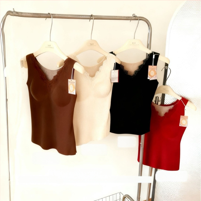 Terminė liemenė su V kaklu, nėriniai, be siūlių dizainas, krūties įdėklas ir savireguliuojantis šilumos sluoksnis iš šilko kasmyro