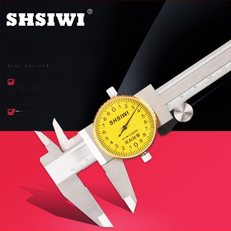 Vernier kalibro matavimo priemonė su dial skale, diapazonai 0-150 mm (0,02 mm) ir 0-200 mm (0,02 mm); 0-150 mm (0,01 mm) ir 0-200 mm (0,01 mm)