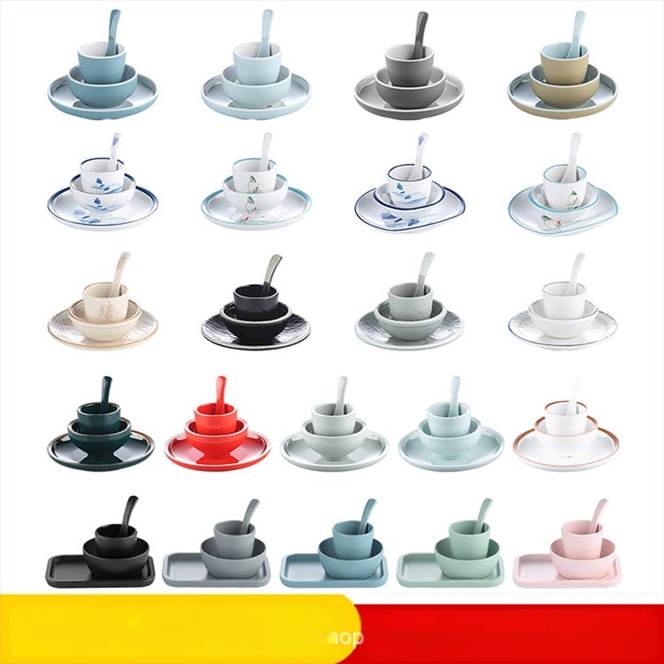 Melamiinist neljaosaline lauanõude komplekt: kauss, kaks taldrikut ja lusikas; ümmargune kuju, ühtlane värvi disain; sobib hotellidele, hot pot ja grillrestoranidele; logoga trükitud