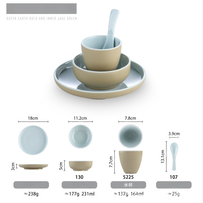 Melamiinist neljaosaline lauanõude komplekt: kauss, kaks taldrikut ja lusikas; ümmargune kuju, ühtlane värvi disain; sobib hotellidele, hot pot ja grillrestoranidele; logoga trükitud