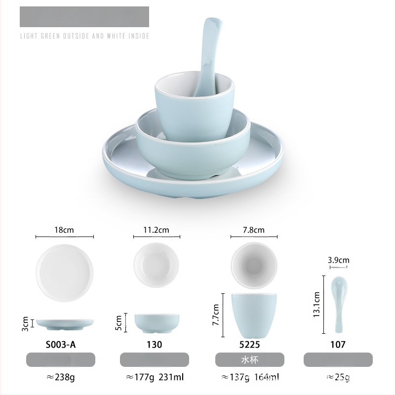Melamiinist neljaosaline lauanõude komplekt: kauss, kaks taldrikut ja lusikas; ümmargune kuju, ühtlane värvi disain; sobib hotellidele, hot pot ja grillrestoranidele; logoga trükitud