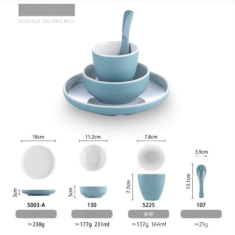 Melamiinist neljaosaline lauanõude komplekt: kauss, kaks taldrikut ja lusikas; ümmargune kuju, ühtlane värvi disain; sobib hotellidele, hot pot ja grillrestoranidele; logoga trükitud
