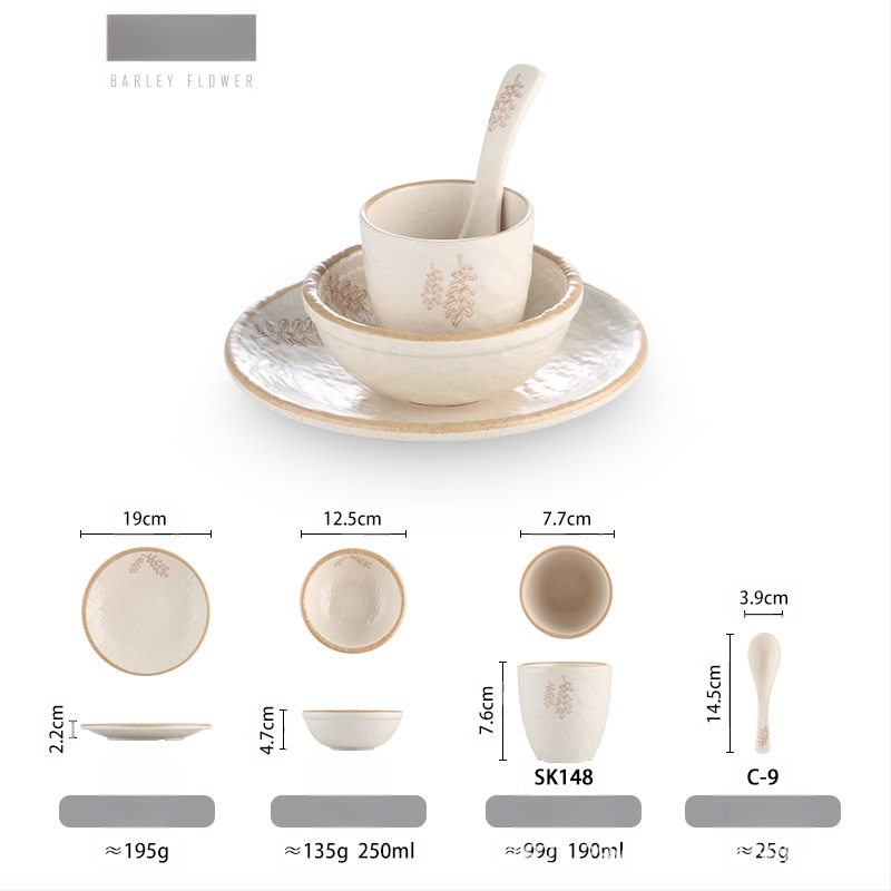 Melamiinist neljaosaline lauanõude komplekt: kauss, kaks taldrikut ja lusikas; ümmargune kuju, ühtlane värvi disain; sobib hotellidele, hot pot ja grillrestoranidele; logoga trükitud