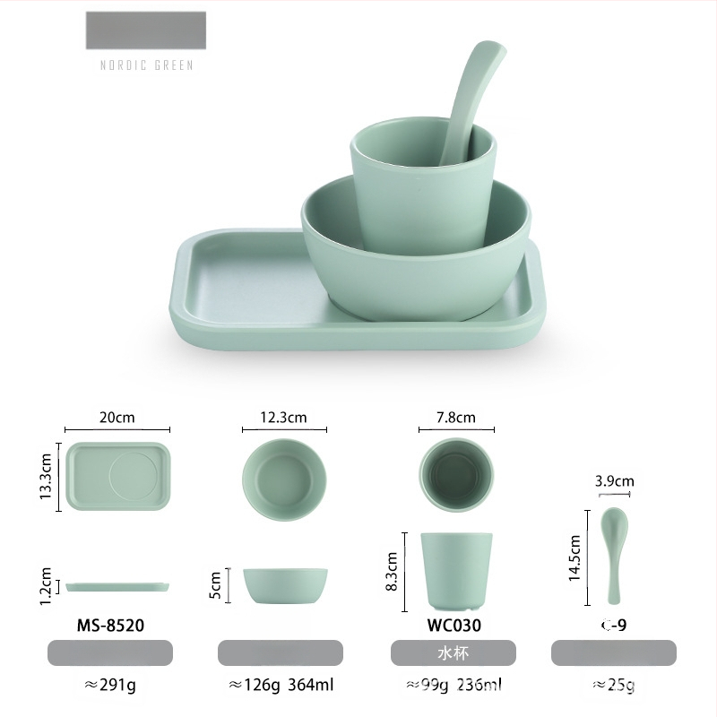 Melamiinist neljaosaline lauanõude komplekt: kauss, kaks taldrikut ja lusikas; ümmargune kuju, ühtlane värvi disain; sobib hotellidele, hot pot ja grillrestoranidele; logoga trükitud