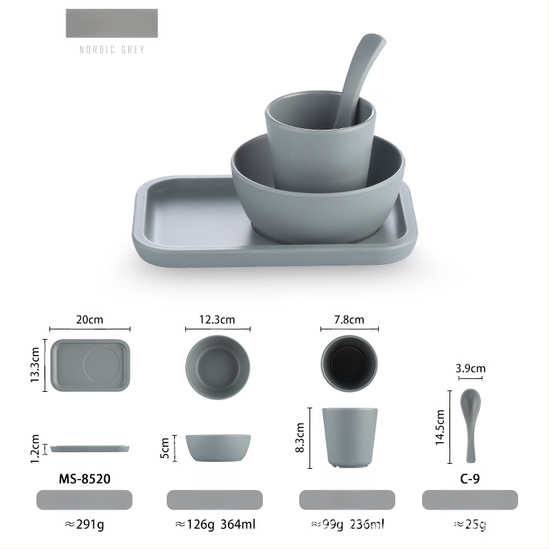 Melamiinist neljaosaline lauanõude komplekt: kauss, kaks taldrikut ja lusikas; ümmargune kuju, ühtlane värvi disain; sobib hotellidele, hot pot ja grillrestoranidele; logoga trükitud