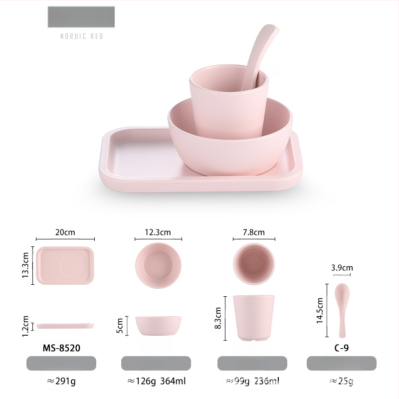 Melamiinist neljaosaline lauanõude komplekt: kauss, kaks taldrikut ja lusikas; ümmargune kuju, ühtlane värvi disain; sobib hotellidele, hot pot ja grillrestoranidele; logoga trükitud