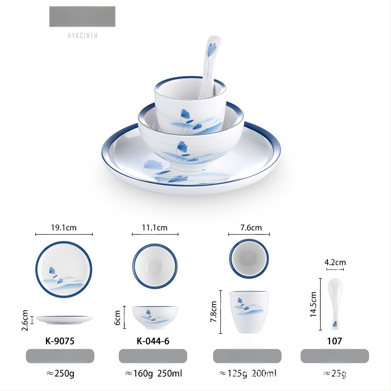 Melamiinist neljaosaline lauanõude komplekt: kauss, kaks taldrikut ja lusikas; ümmargune kuju, ühtlane värvi disain; sobib hotellidele, hot pot ja grillrestoranidele; logoga trükitud