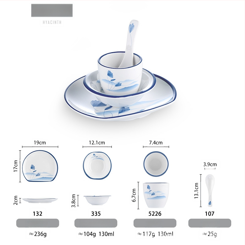 Melamiinist neljaosaline lauanõude komplekt: kauss, kaks taldrikut ja lusikas; ümmargune kuju, ühtlane värvi disain; sobib hotellidele, hot pot ja grillrestoranidele; logoga trükitud