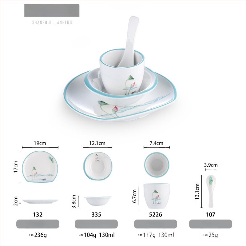 Melamiinist neljaosaline lauanõude komplekt: kauss, kaks taldrikut ja lusikas; ümmargune kuju, ühtlane värvi disain; sobib hotellidele, hot pot ja grillrestoranidele; logoga trükitud