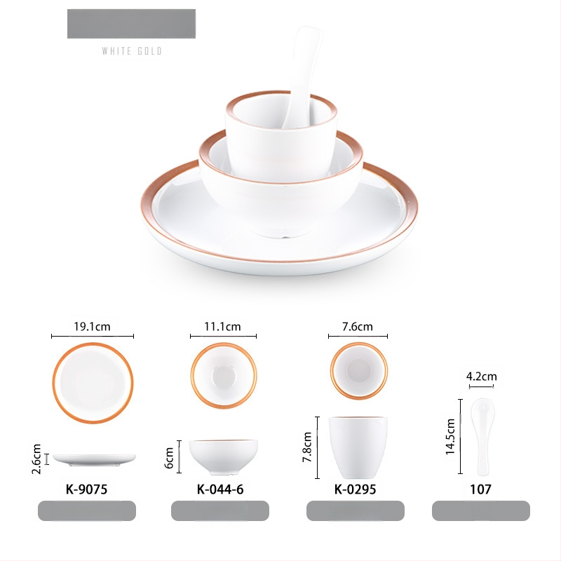 Melamiinist neljaosaline lauanõude komplekt: kauss, kaks taldrikut ja lusikas; ümmargune kuju, ühtlane värvi disain; sobib hotellidele, hot pot ja grillrestoranidele; logoga trükitud