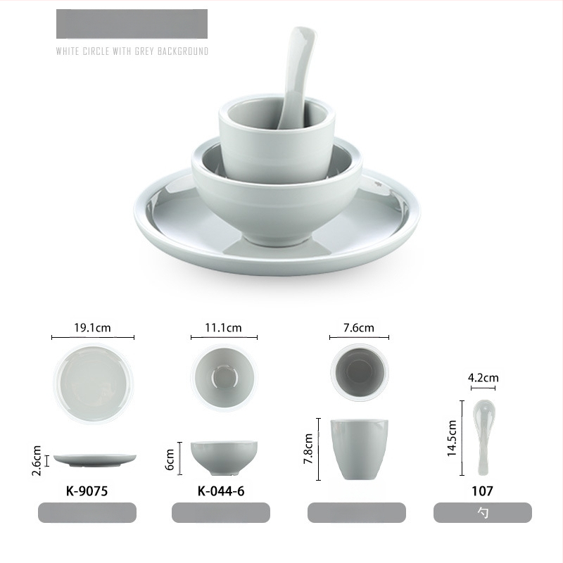 Melamiinist neljaosaline lauanõude komplekt: kauss, kaks taldrikut ja lusikas; ümmargune kuju, ühtlane värvi disain; sobib hotellidele, hot pot ja grillrestoranidele; logoga trükitud