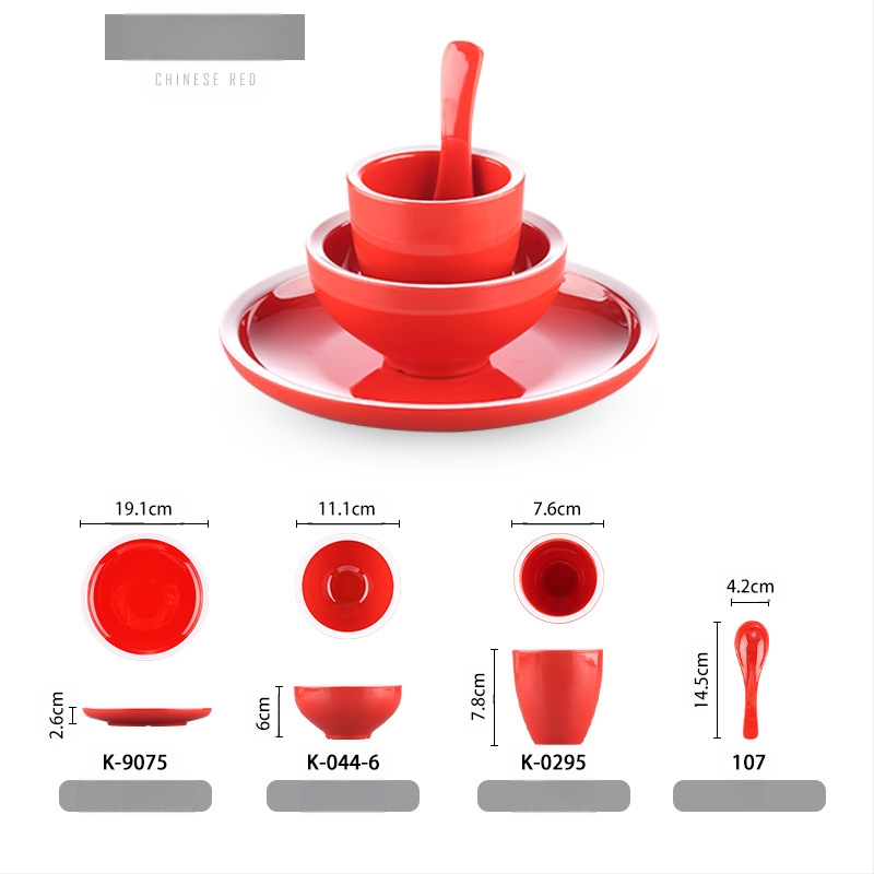 Melamiinist neljaosaline lauanõude komplekt: kauss, kaks taldrikut ja lusikas; ümmargune kuju, ühtlane värvi disain; sobib hotellidele, hot pot ja grillrestoranidele; logoga trükitud