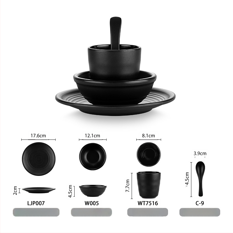 Melamiinist neljaosaline lauanõude komplekt: kauss, kaks taldrikut ja lusikas; ümmargune kuju, ühtlane värvi disain; sobib hotellidele, hot pot ja grillrestoranidele; logoga trükitud