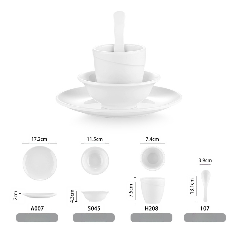 Melamiinist neljaosaline lauanõude komplekt: kauss, kaks taldrikut ja lusikas; ümmargune kuju, ühtlane värvi disain; sobib hotellidele, hot pot ja grillrestoranidele; logoga trükitud