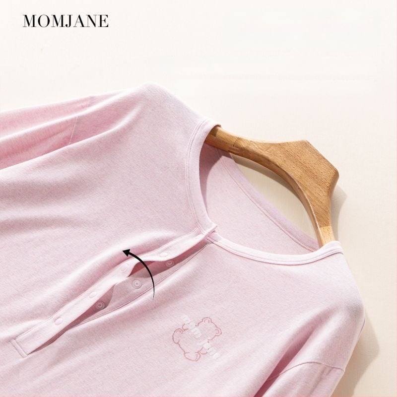 Пижами за майчинство и кърмене – комплект за пролет и есен, дълги ръкави, Polo яка, литературно ретро стил