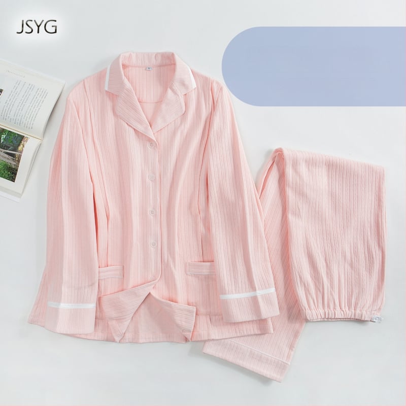 Послеродова пижама за кърмене – 100% памук, дълги ръкави, панталони, жакардови ивици